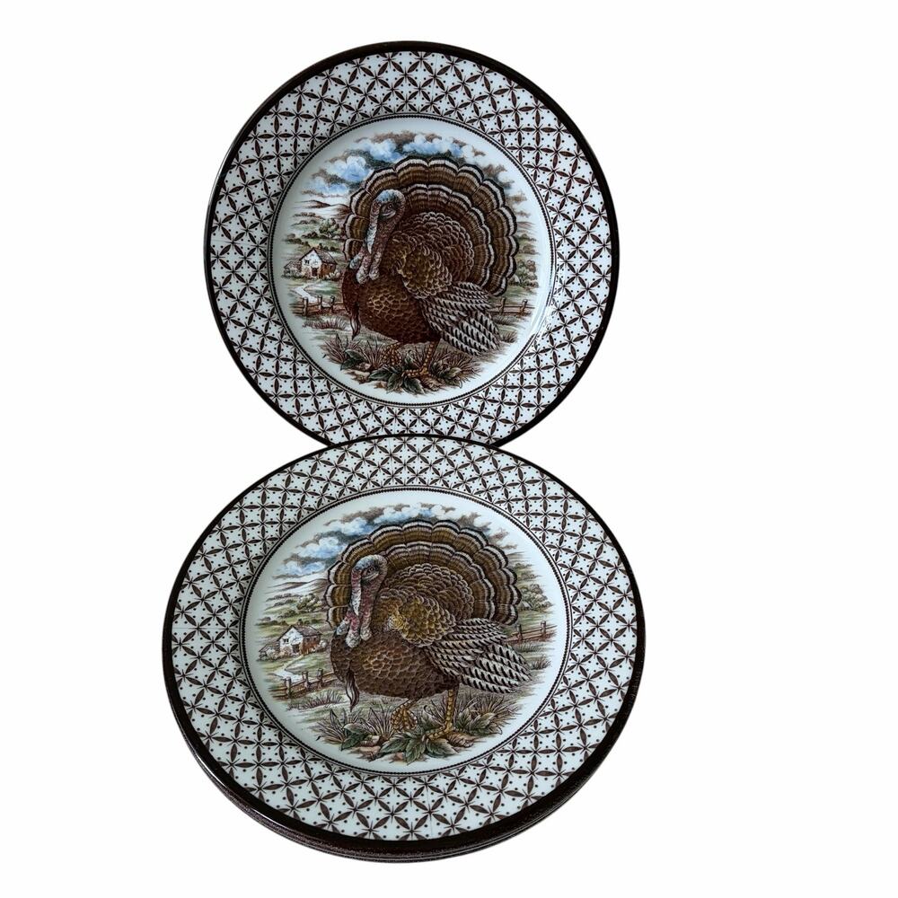 4 Royal Stafford Thanksgiving TURKEY Porcelain Salad Plates 8in England NEW - Picture 8 of 11